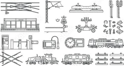 Railway Infrastructure Equipment Collection with Trains Signals Tracks and Maintenance Machinery Line Art
