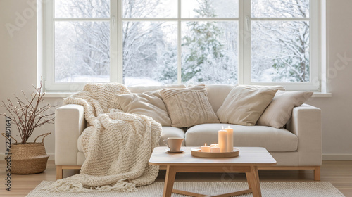 Cozy Living Room with Soft Sofa Blanket and Winter View