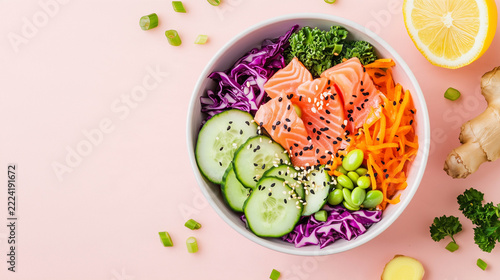 Colorful Salmon Poke Bowl with Fresh Vegetables on Pink Background