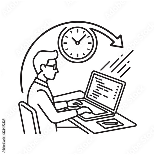 Remote work and time management icon, professional working on laptop with clock symbol above, flexible work schedule and productivity concept, telecommuting and digital workspace illustration