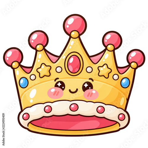 Cute Cartoon Princess Crown With Smiling Face, Gold Royal Tiara With Jewels And Kawaii Style