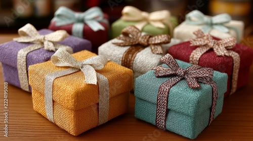 Colorful wrapped gift boxes arranged on a wooden surface radiating festive cheer