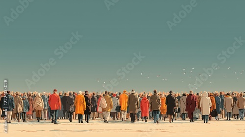 Crowd of people in vibrant coats walking toward a distant horizon under a clear sky