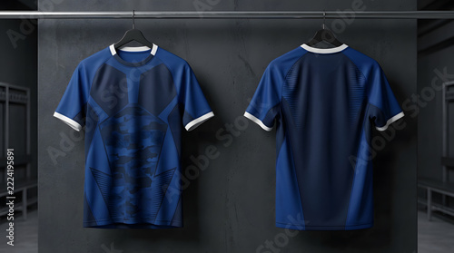 Modern dark blue sports jersey displayed with front and back views on a hanger, highlighting versatile design for athletic performance and activewear concepts
