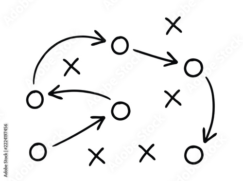 Football playbook vector icons featuring hand drawn soccer tactics, X and O formations, strategy diagrams, and coaching game plans