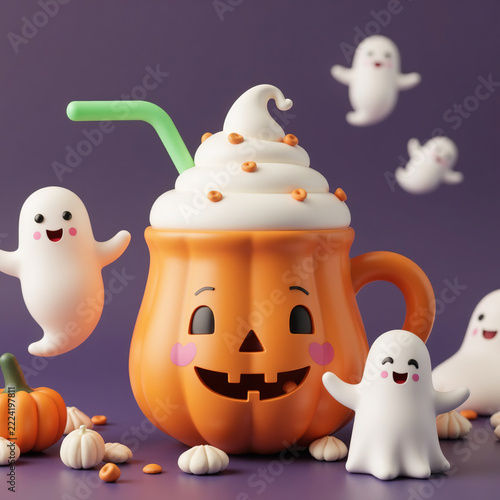 Cute 3D render of Halloween pumpkin mug drink with whipped cream surrounded by friendly ghosts