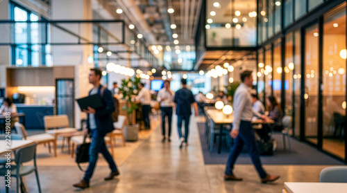 Blurred modern coworking office with people walking, bokeh lights