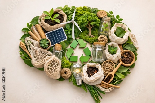 Eco-friendly brain concept with recycling symbol and sustainable items