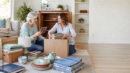 Generational decluttering with two women sorting belongings in living room