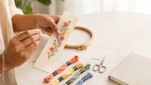 Cross stitching hobby with embroidery threads and tools on table