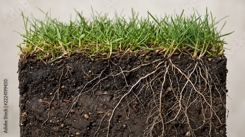 Green grass turf cross section showing roots growing in dark fertile soil isolated on white background