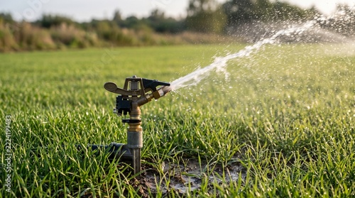 Brass impact sprinkler watering green grass field in agricultural farm, close-up shot with water spray