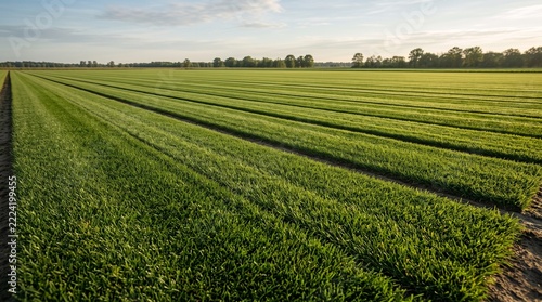 Lush green grass sod farm with parallel rows stretching toward a distant forest at sunset