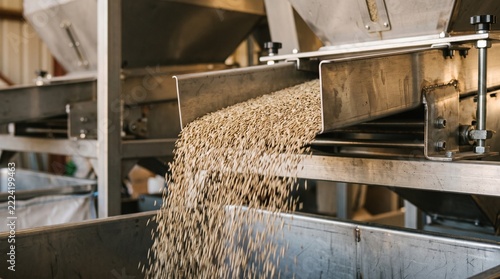 Industrial seed cleaning machine processing agricultural grass seeds in a modern facility for commercial grain production and farming operations