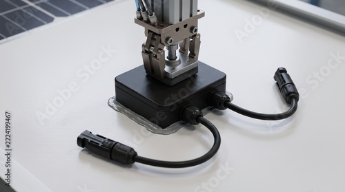 Solar panel junction box installation by automated robotic arm on photovoltaic module surface, industrial manufacturing process, 3D render