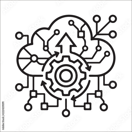Cloud automation and orchestration icon, cloud computing platform with central gear and connected network nodes, cloud infrastructure management concept, digital transformation and process automation 