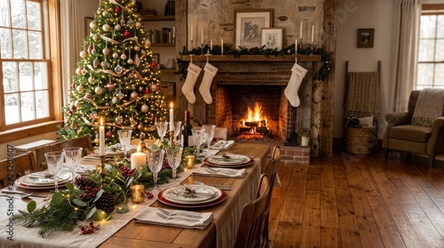 Cozy Christmas Dinner Table Setting in a Rustic Living Room with Burning Fireplace and Decorated Tree