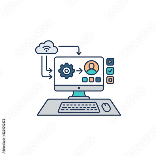 Modern cloud technology and system automation workflow on desktop computer vector illustration