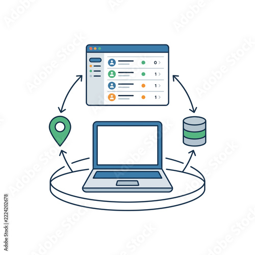 Modern Data Management and Cloud Synchronization Concept with Web Dashboard Laptop and Database Icons