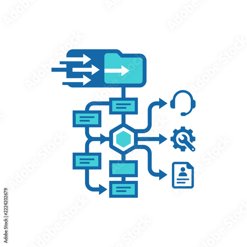 Modern Data Flow and Business Workflow Automation Infographic with Technical Support Icons