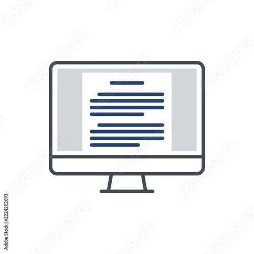 Modern Flat Desktop Computer Monitor Icon with Digital Document on Screen