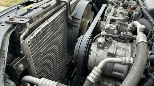Close up detailmetal heat dissipation fins on automotive cooling radiator alongside modern car air conditioning compressor assembly for vehicle engine temperature regulation and maintenance