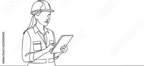 Female Construction Engineer with Hard Hat Holding Tablet – Continuous Line Drawing