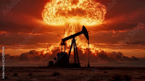Nuclear Explosion Behind Oil Pumpjack Silhouette in Apocalyptic Desert Landscape