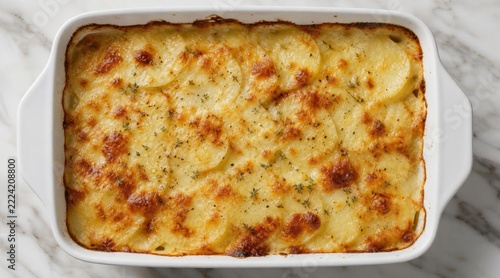 Baked potato gratin dauphinoise in white ceramic baking dish with golden cheese crust and herbs