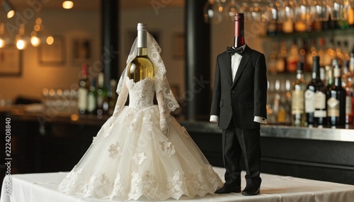 Wine bottles dressed as bride in lace wedding dress and groom in tuxedo on restaurant bar counter