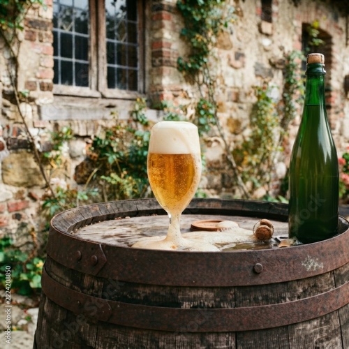 Glass of cold craft beer with foam and bottle on vintage wooden barrel outdoors