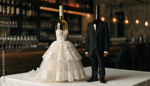 Wine bottles dressed as bride in lace wedding dress and groom in tuxedo on restaurant bar counter