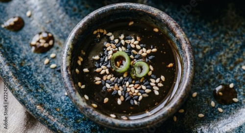Close up view of dark soy sauce bowl topped with white and black sesame seeds and green onion