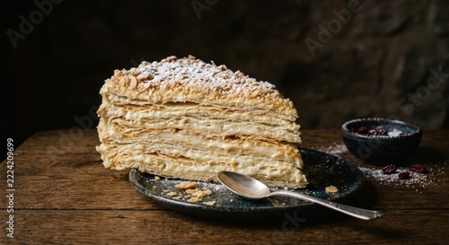 Slice of classic Napoleon cake with puff pastry layers and custard cream dusted with powdered sugar