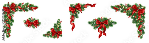 Christmas set of corner decorations and element collection with red bow, pine branch, berries, and ribbons. Festive tree element set. Transparent background in vector file.