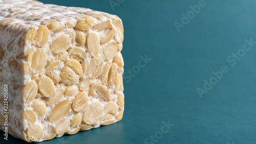 Raw block of fermented soybean tempeh on teal background