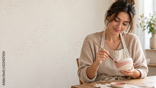 Woman painting a ceramic bowl with a paintbrush at a table