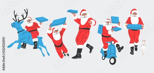 Vector set of Santa Claus pizza delivery characters. Concept of Happy New 2027 Year and Merry Christmas.