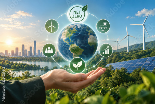 Net zero sustainability concept globe floating above outstretched hand with renewable energy icons, wind turbines, solar panels, ESG strategy, corporate climate action and green transition