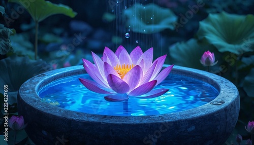  night time garden scene which a large, luminous purple water Lili flower emerges.