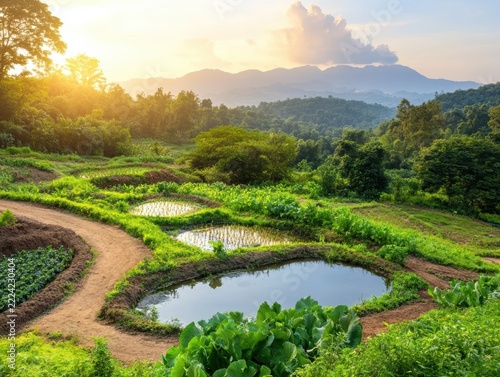 Lush landscape with sunset over tranquil hills.
