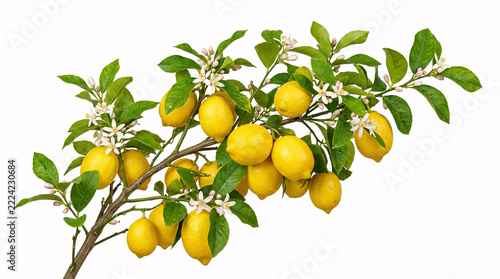 Fresh lemon tree branch laden with ripe yellow fruits and white blossoms isolated on white.