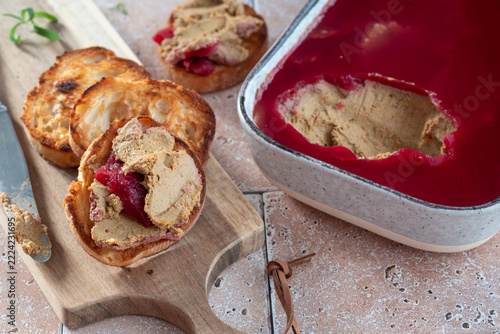 Delicious Spread of Liver Pate Served With Toasted Bread and Jelly on a Wooden Board