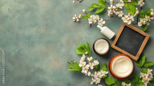 Natural skincare products on a floral background.