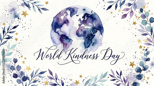 World kindness day greeting card with watercolor planet earth