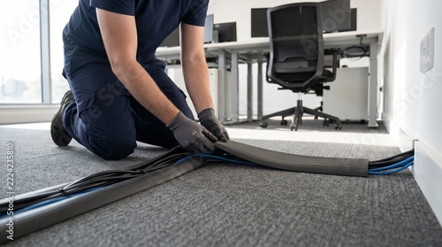 technician wearing gloves laying floor cable protector cover for wire management and safety trip hazard prevention in modern corporate office space   