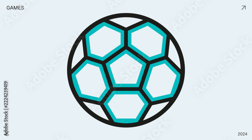 Stylized soccer ball icon illustration with black outline and teal colored panels on a light background, minimalist graphic