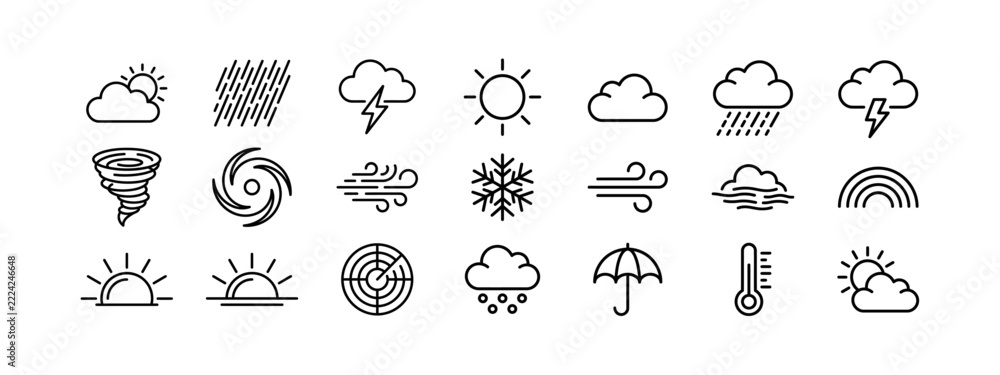 Fototapeta premium Weather Forecast Line Art Vector Icon Set