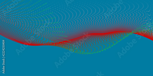 Abstract cyan and red digital wave mesh background with glowing dot particles for high tech science data concept