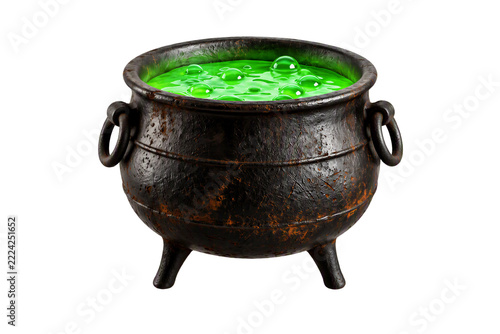 Fotografie Witch cauldron with green boiling potion isolated on white transparent backgroun